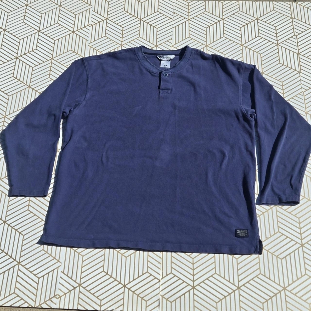 Vintage Columbia Sports long-sleeve Henley shirt blue men outdoors
